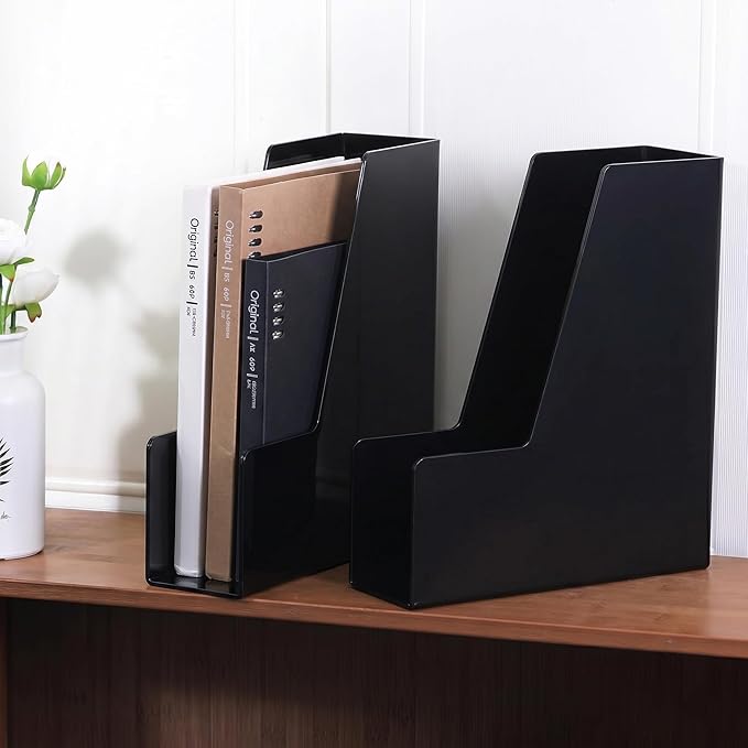 Vertical Magazine File Holder, Black File Organizer Desk Organizer and Storage Bins Holding for Magazines, Binders, Notebooks, Envelopes, Plastic Office Organization and Storage for Desk, 4 pack