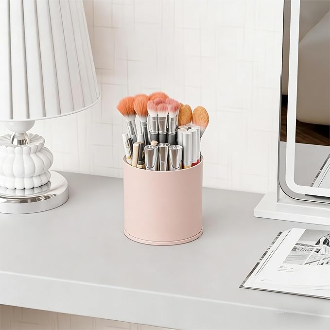 Yieach Rotating Acrylic Makeup Brush Holder for Vanity,Bathroom Countertop,Round Makeup Brushes Organizer,Spinning Cosmetic Brushes Holder,Make up Brush Storage and Office Desk Pen or Pencil Cup,Pink