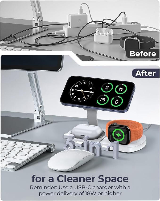 Wireless Charger for iPhone, 3-in-1 Magnetic Charging Station for Apple, MagSafe Charger Stand for iPhone 17 Air 16 15 14 13 12 Series, Airpods Pro, Apple Watch Ultra, Foldable, No Adapter, White