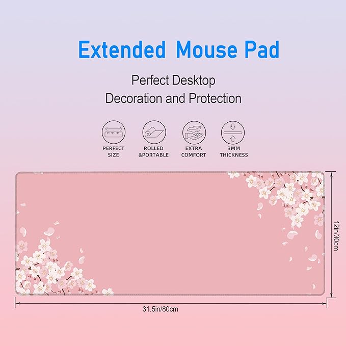 Large Pink Mouse Pad,Japanese Pastel Cherry Blossom Gaming Mousepad,Sakura Flowers Aesthetic Extended Keyboard Desk Protecter Mat for Women Girl,31.5x12in