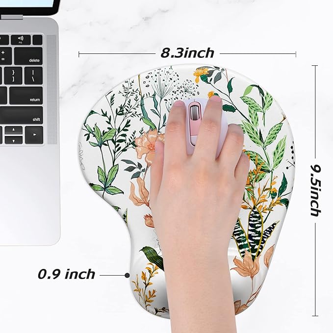 Hsurbtra Ergonomic Mouse Pad with Wrist Rest Support, Gel Mouse Pads with Non-Slip PU Base, Pain Relief Memory Foam Computer Mat, Cute Office Supplies Desk Decro Accessories, Orange Flowers