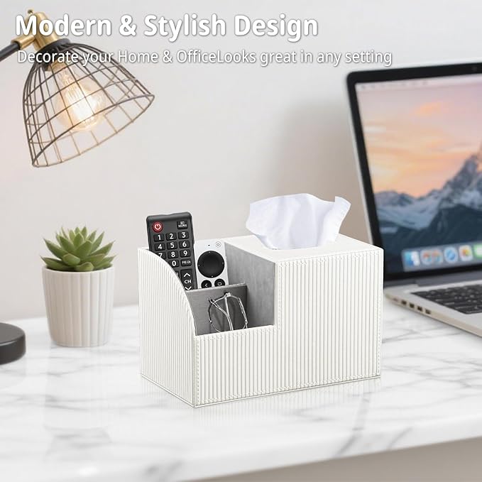 Square Tissue Box Cover with Storage, PU Leather Cube Tissue Box Holder, Remote Control Nightstand Organizer, Modern Desk Caddy for End Table, Bathroom, Bedroom, Home, Office Decor