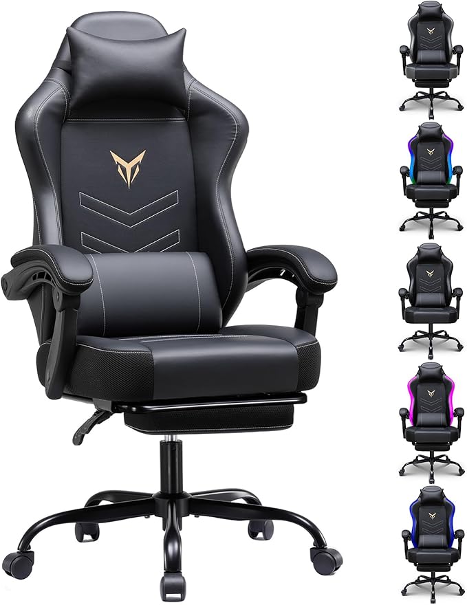 GTPLAYER Gaming Chair, Office Chair High Back Computer Chair with Foot Rest for Adults, Leather Desk Chair Executive Ergonomic Height Adjustable with Headrest and Lumbar Support, 300lbs Black