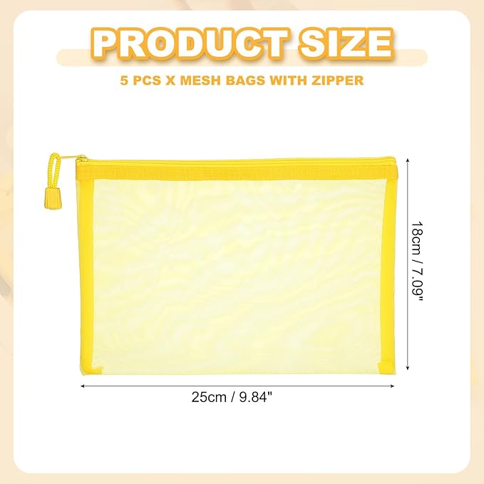 PATIKIL A5 Mesh Zipper Pouch Bags, 5 PCS Mesh Bags with Zipper Plastic Storage Pocket for Organizing File Beads Office Home Supplies, 18x25cm, Yellow