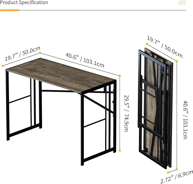 Lutown-Teen 40 inch Folding Desk, Writing Gaming Computer Camping Desk, No Assembly Required Home Office Table, Black Oak
