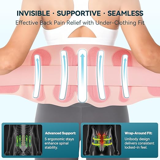 Invisible Back Brace with 0.5mm Ultra-Thin & Seamless Design Under Clothing, FUSUP Anti-Slip Lumbar Support Belt with 2 Removable & Adjustable Straps - for Low Back Pain, Back Injuries, Office, Daily Wear, Sports (Women & Men) (Pink, X-Large)