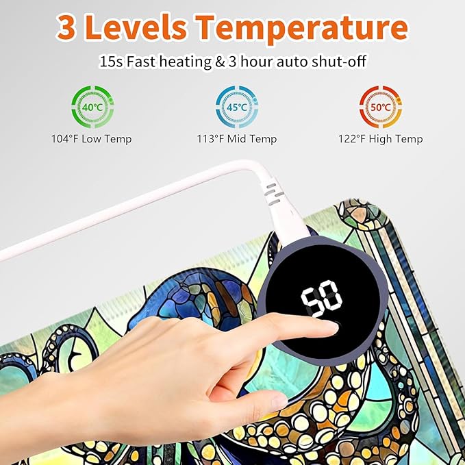 Heated Mouse Pad,Warm Desk Pad with 3 Levels Heating & 3 Hours Auto Shut-Off, PU Leather Heated Desk Pad Warmer Pad for Home Office - 23.6 x 14.2 inch,Fun Octopus