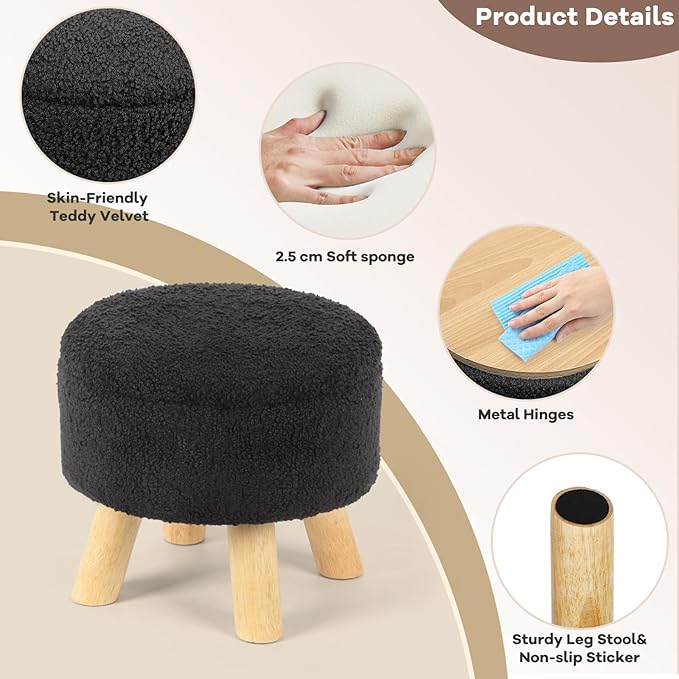 OGEMXU Ottoman Foot Rest, Small Round Ottoman with Storage, Boucle Teddy Velvet Footstool with Wood Legs, Soft Sponge Storage Ottoman for Living Room, Bedroom, Couch, Enterway (Black)