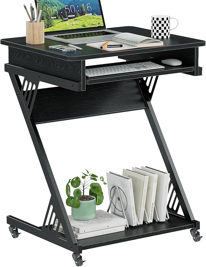 ALISENED Computer Desk for Small Spaces,23.6" Z-Shaped Compact Study Table with Smooth Keyboard Tray,with Wheels and Bottom Shelves for Home Office，Computer Cart Mobile Laptop Cart