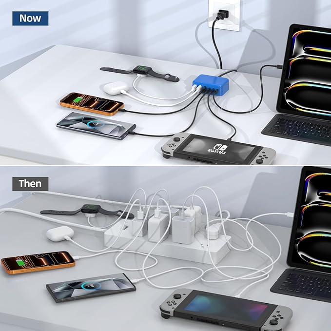 6 in 1 USB Charger, Charging Station for Multiple Devices, 100W Fast Charging Blocks with Type C Ports, USB Charging Hub Organizer Multiport Power Strip for iPhone, Ipad, Kindle, Travel Accessories