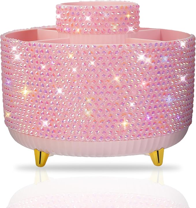 Bling Pink Rhinestone Desk Organizer with 5 Slots 360 Degree Rotating, Bling Pen Holder Makeup Brush Holder for Women, Pink Rhinestone Office Accessories
