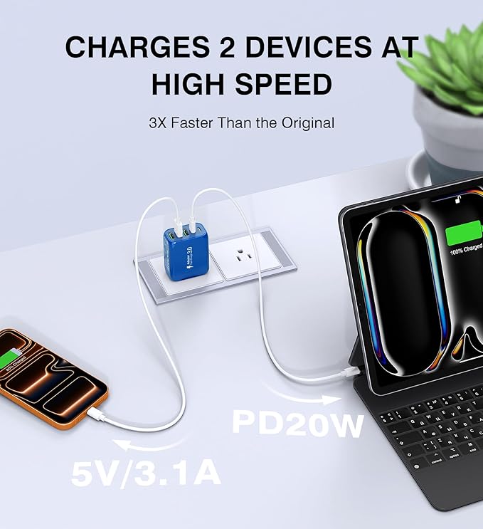(2-Pack) 50W USB C Wall Charger Block, 5-Port C Charger Fast Charging Block PD Power Adapter +QC 3.0 Multiport Type C Box Brick Cube USB A Wall Plug for iPhone 15/16/17 Pro Max,Samsung (Dark Blue)