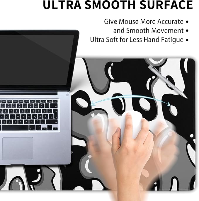 Black White Geometric Japanese Mouse Pad Desk Mat 35.4" x 15.7" Abstract Extended Large Gaming Mouse Pad Black and White Non-Slip Base Stitched Edge Long Computer Keyboard Mat for Home Office Work