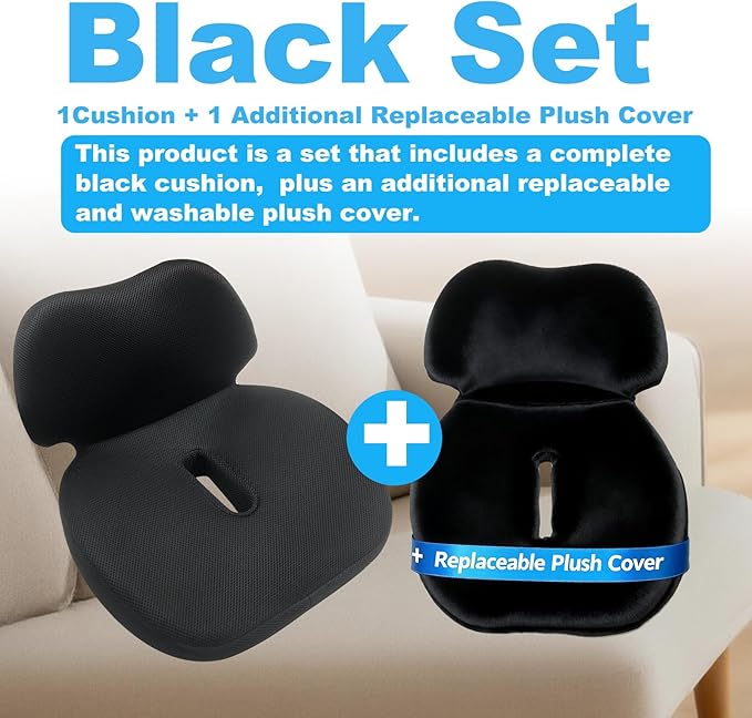 Memory Foam Seat Cushion for Office Chair, Wheelchair Cushions,Hemorrhoid Pillow,Lower Back Support,Bed Sore Cushions for Butt,Cushion for Coccyx Pressure Relieves,Washable Cover.(Set-Black)