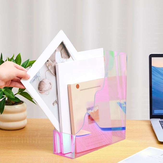 Engrowtic 2 Pcs Iridescent Acrylic Magazine File Holders, Water Ripples Vertical File Organizer, Colorful Acrylic Folder Organizers for Desk Office Classroom Home Decor Document Storage Organizer