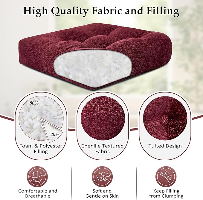 downluxe Chair Cushions for Dining Chairs 4 Pack, Tufted Indoor Chair Pads with Non-Slip Bottom, U-Shaped Kitchen Chair Cushions, 18"x18"x4", Burgundy