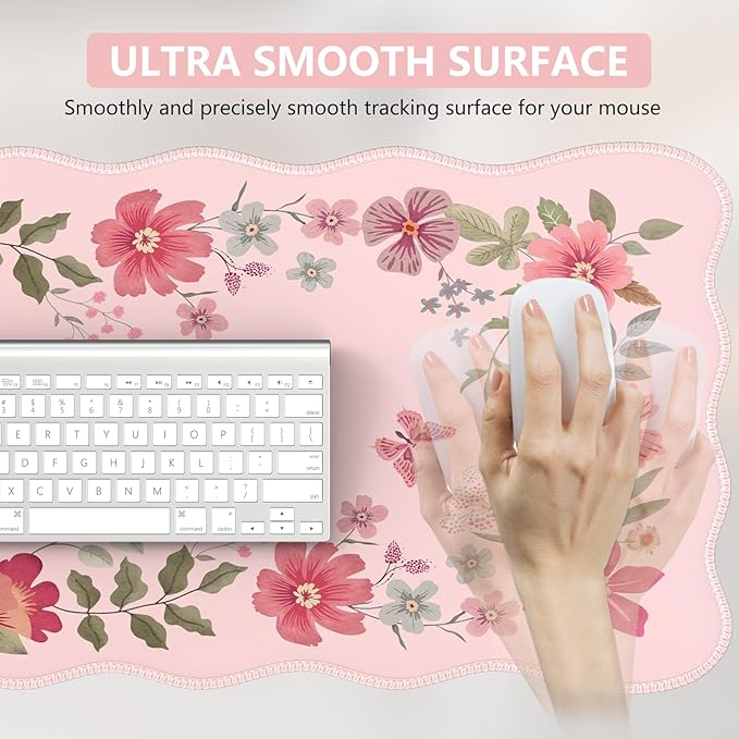 iCasso Desk Mat, Scalloped Desk Matt for Desktop, Cute XXL Large Mouse Pad for Desk, Anti-Slip Big Mousepad with Stitched Edges, Keyboard Pad Mouse Mat for Computer(Pink)