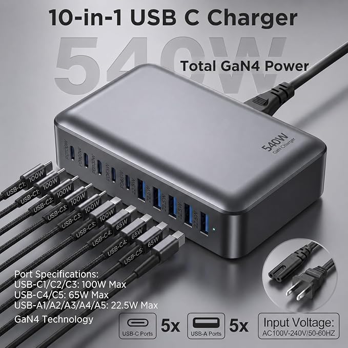 540W USB C Charger Block, 10 Port Charging Station USB Charger Block Double 100W Gan Laptop Fast Charging Compatible with MacBook Air/Pro, iPhone, iPad, Dell XPS, Samsung Galaxy Note