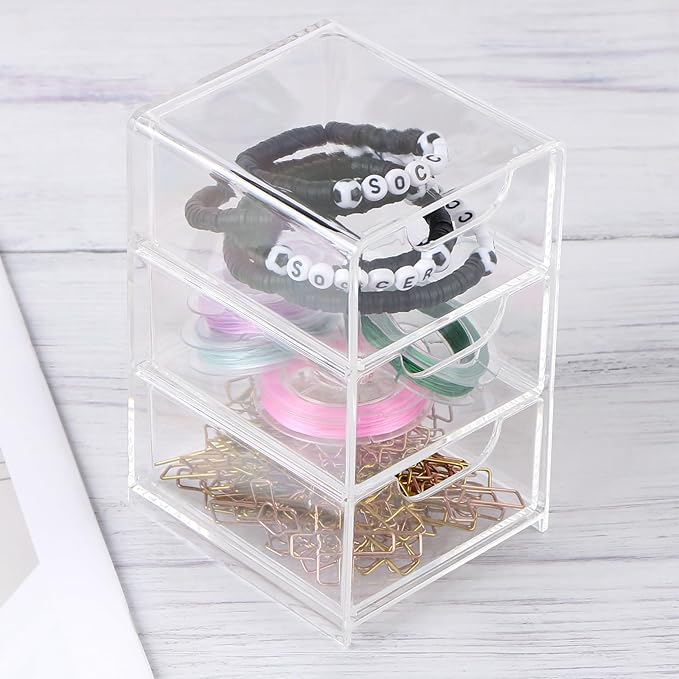 Small Desk Organizer with Drawer, 3-Layer Clear Desktop Organization Mini Storage Box with Drawers for Desk, Office Supplies, Jewelry Storage Box, Pack of 1