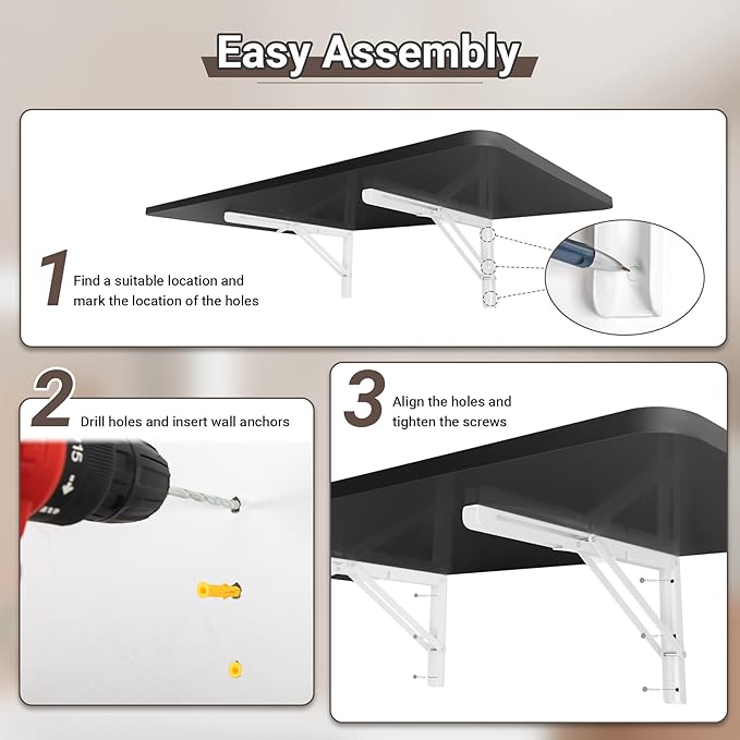 Neoaider Wall Mounted Folding Table 39.4”L x 19.7”W, Laundry Folding Table with Heavy Duty Metal Collapsible Shelf Brackets, Wall Mounted Desk Fold Down for Small Spaces, Black
