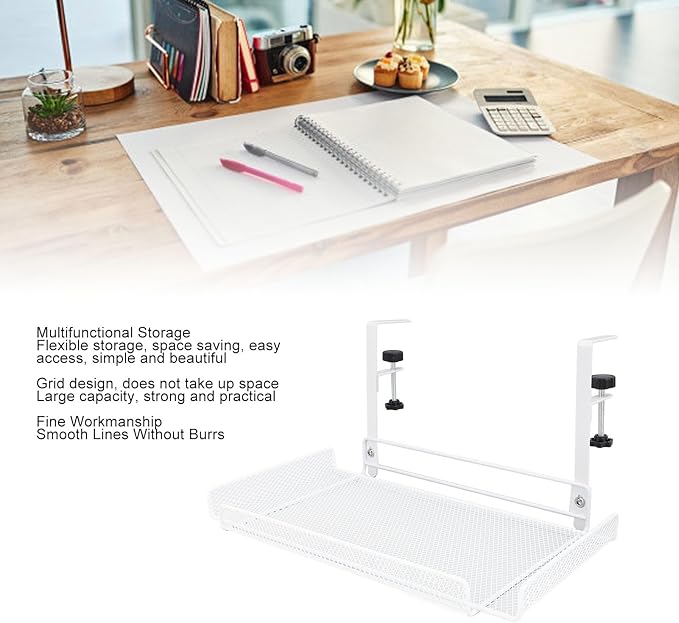 Under Desk Wire Organizer, Cable Management Tray Metal, Large Storage Tray Clamp Mount for Office Home, No Drill Cable Raceway (White)