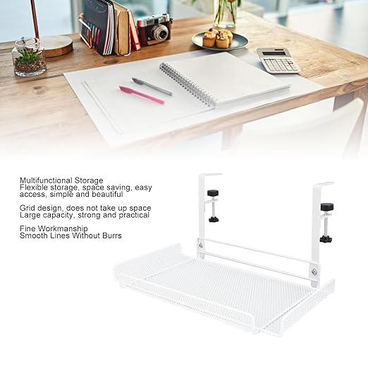 Under Desk Cable Management Tray, 14.4 x 7.9 x 6.9 Inch Large Cpacity Metal Mesh Desk Cable Tray with Clamp Mount No Drill Carbon Steel Desk Cable Organizer for Home Office (White)