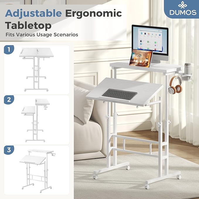 DUMOS Split Top Rolling Standing Desk, 23.6" Mobile Laptop Desk, Manual Height Adjustable Workstation on Wheels, Sit Stand Office Table, Walking Pad Study Desk,White