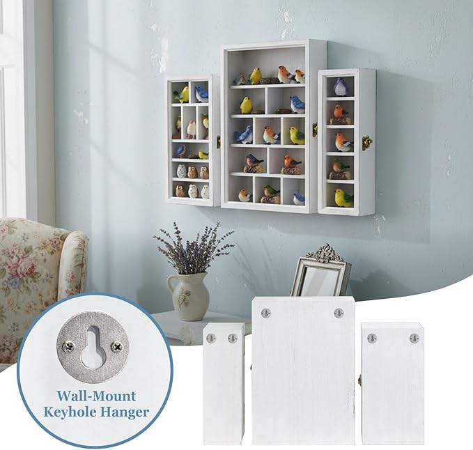Ikee Design 3 Pcs Set Wall-Mounted Wooden Shadow Cubby Box Display Shelf with 24 Compartments with Door Storage Display Case for Collectibles, Trinkets, Mini Figures, Antique White