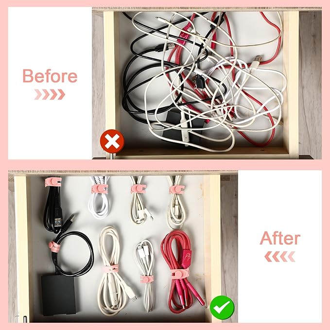 Tellegloww 42 Pcs Silicone Cable Ties Reusable Cord Organizer Adjustable Data Cable Wraps for Earphone Phone Charger Computer Cord Management Straps Travel Essentials(Pink,3.15 Inch)