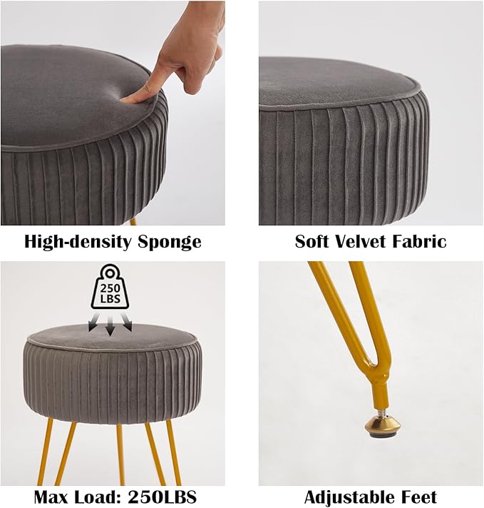 Velvet Vanity Stool Chair, Modern Ottoman Foot Rest Stool with Adjustable Golden Legs, Makeup Chair for Vanity, Multifunctional Makeup Stool for Vanity, Small Vanity Chair for Bedroom, Grey