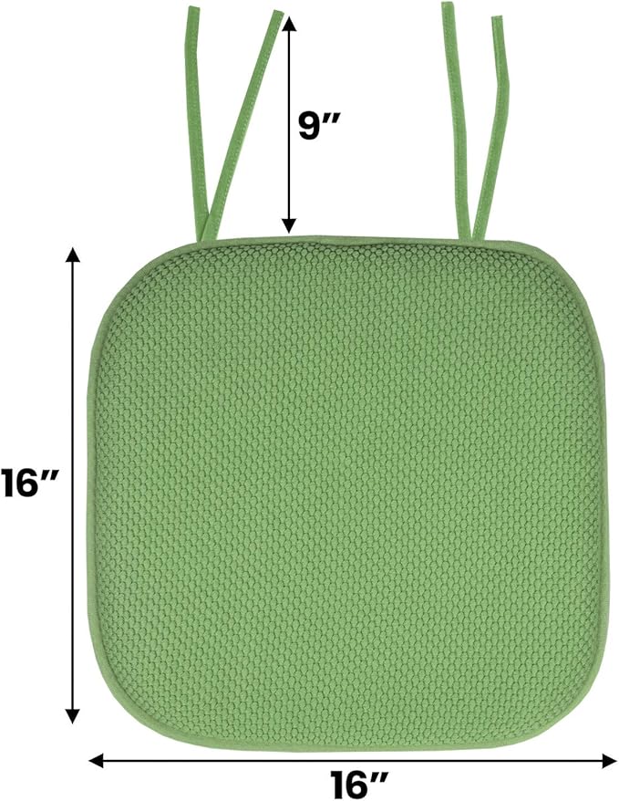 Sweet Home Collection Chair Cushion Memory Foam Pads with Ties Honeycomb Pattern Slip Non Skid Rubber Back Rounded Square 16" x 16" Seat Cover, 2 Pack, Green