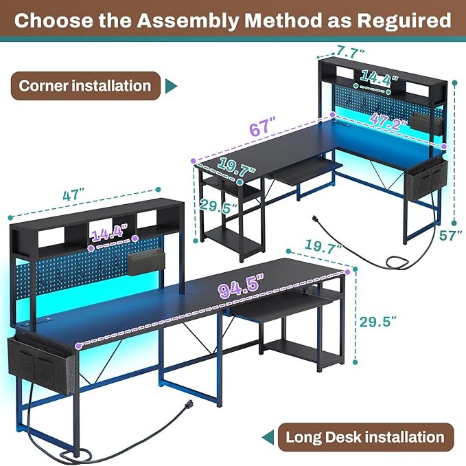SEDETA L Shaped Gaming Desk, Reversible Computer Desk with Power Outlet and Pegboard, Gaming Desk with Led Lights, Keyboard Tray and Storage Bag for Home Office, Black