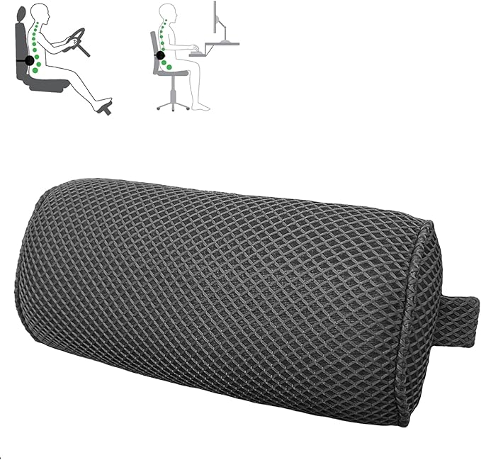 Esme L&H Lumbar Roll for Office Chair Car Seat, Breathable 3D Fabric Back Support Roll for Lower Back - D-Shape Lumbar Roll Pillow with Elastic Strap Lumbar Support Pillow for Office Chair