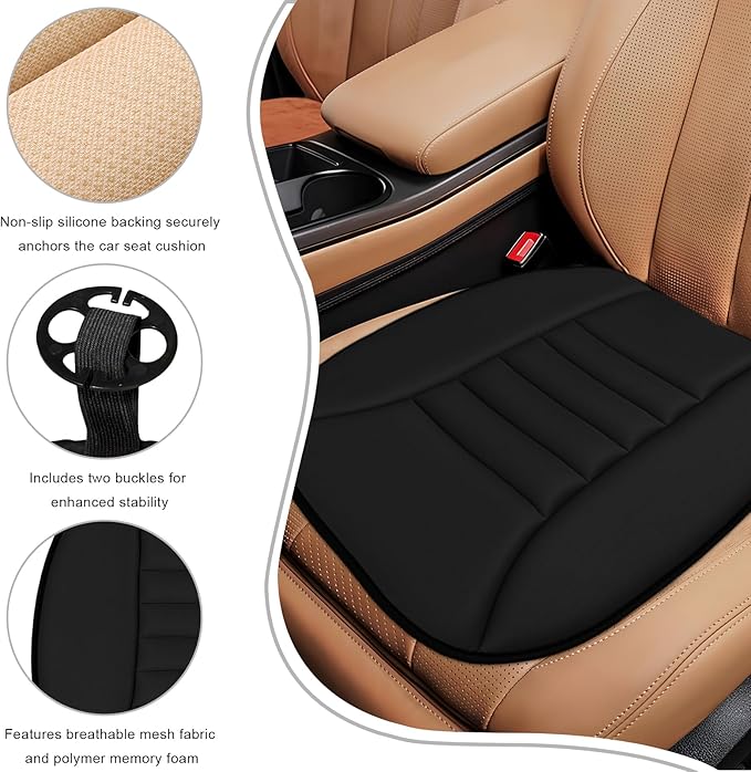 Car Seat Cushion, 1.2" Thick Comfortable Memory Foam Driver Seat Pad with Nonslip Bottom, Breathable Chair Bottom Mat Pressure Relief Pad for Truck SUV Sedan, Car Accessories (Black)