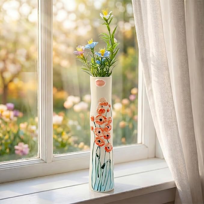 Cute Face Bud Vase, Hand Painted Resin Mini Vase, Boho Decorative Vase for Desk Shelf Living Room Decor, Unique Gift Idea for Women (Lips & Orange Blooms)