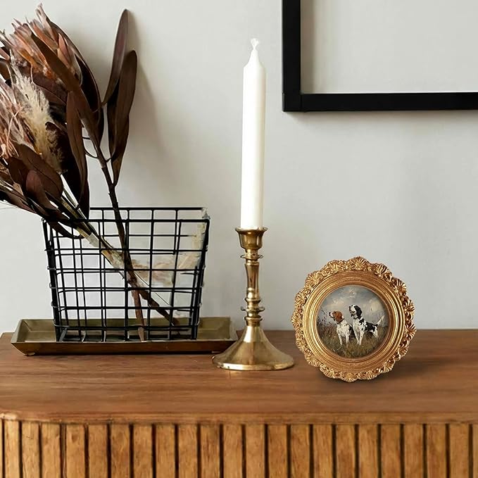 Dog Beagle Round Picture Frame Wall Decor, Rustic Farmhouse Gold Mini Ornate Photo Frame for TableTop Desk 2.7in Photo, Vintage Framed Artwork for Walls Office Bedroom Shelf