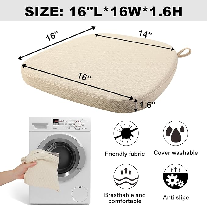 BUYUE Luxury Memory Foam Chair Cushions 6 Pack, Jacquard 16" U-Shape Comfortable Dining Chair Pads, Removable Slip Resistant Kitchen Chair Seat Cushions (Set of 6, Beige)