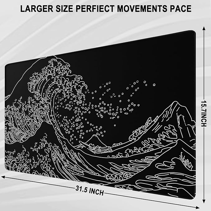 Large Mouse Pad Gaming, 31.5" x 15.7" Extended Computer Keyboard Mousepad with Non-Slip Rubber Base, Stitched Edge, Waterproof Fabric XXL Big Long Laptop Pad for Gamer, Office, Home, Waves ﻿