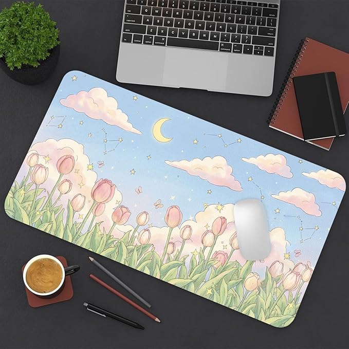 Cute Desk Mat, Kawaii Tulip Large Mouse Pad for Desktop, PU Leather Waterproof Desk Pad, Anti-Slip Computer PC Laptop Protector Gaming Mouse Pads for Office Home Decorations (23.6" x 11.8")