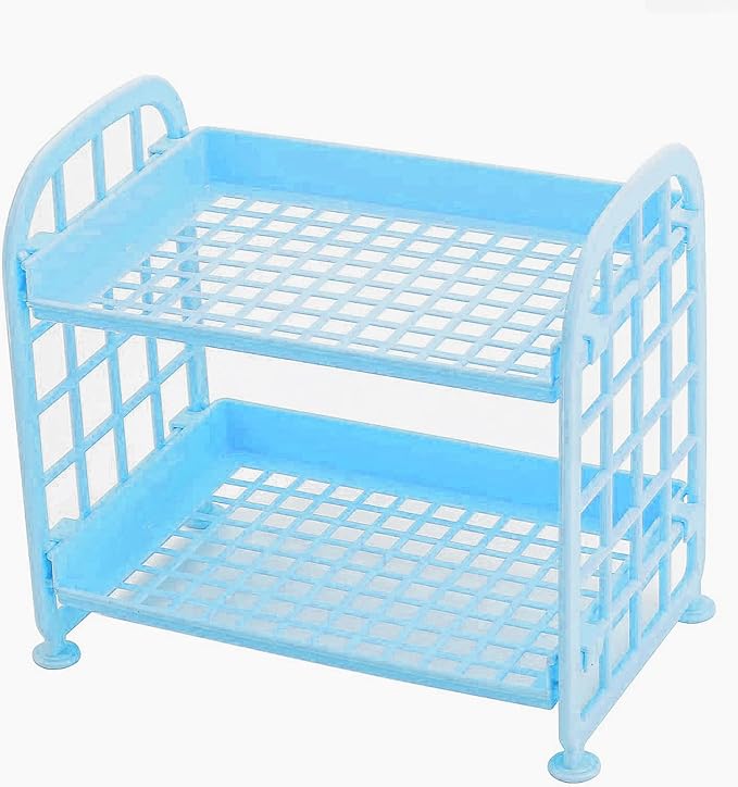 UnnFiko 2-Layers Table Shelf Organizer, Adjustable Plastic Storage Rack Shelf Square Basket Desk Stand Table Storage Organizer Shelves (Blue)