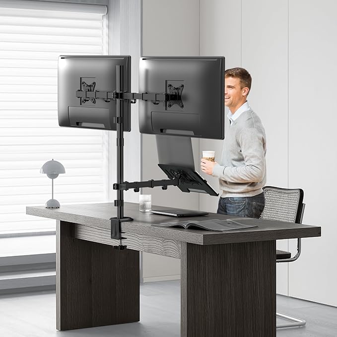 Dual Monitor Stand and Laptop Mount Fit Two 17 to 32 Inch Monitor and 10 to 15 Inch Laptop,Extra Tall Adjustable Stand,19.8 lbs Weight Capacity per Arm,Black