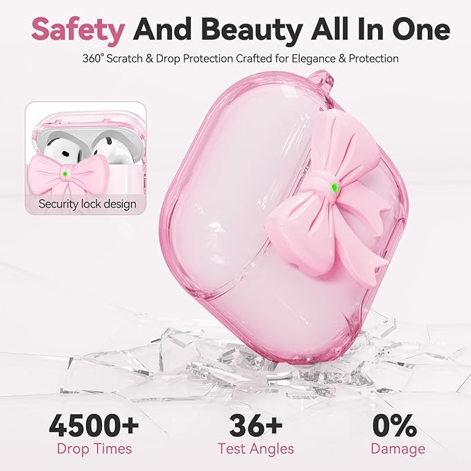for Airpods 4 Case Pink 2024 with Safety Lock & Phone Stand, 3D Bow Clear iPod 4 Cases with Cute Keychain & Cleaning Kit, Soft TPU Cover for AirPods 4th Generation Case Girls Women