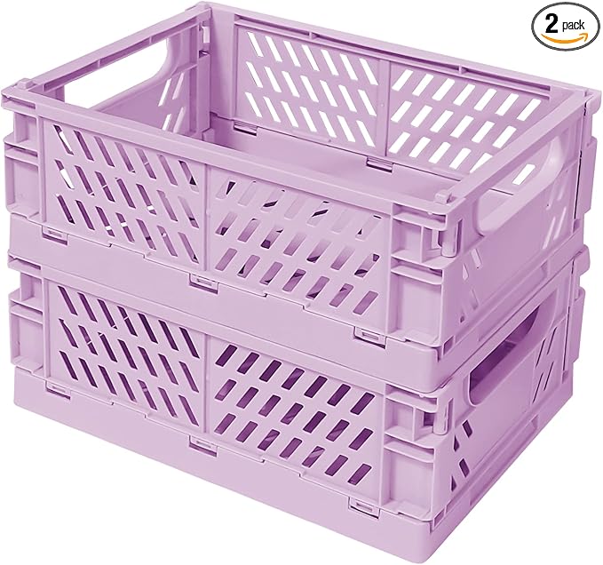 Tobeso-Nuoze Pastel Plastic Storage Baskets 2 Pack, Collapsible Crates for Organizing, Space-Saving Bins for Kitchen, Office, Bedroom (Purple, Medium:9.8" x 6.5" x 3.8")