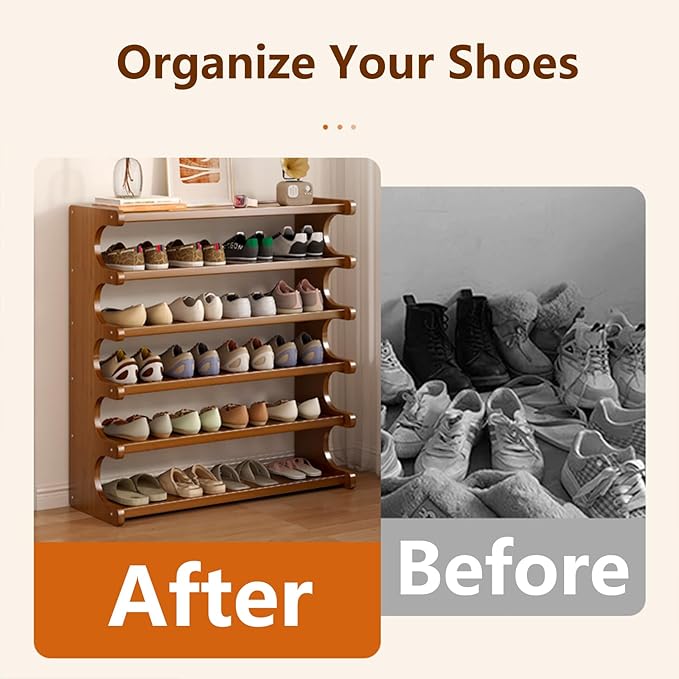 KNERS Bamboo Shoe Rack, Multi-Layer Space-Saving Shoe Organizer for Entryway, Bedroom or Living Room, Stable & Easy to Install, 3-Tier / 5-Tier / 6-Tier Options (6 Layer - 80cm)