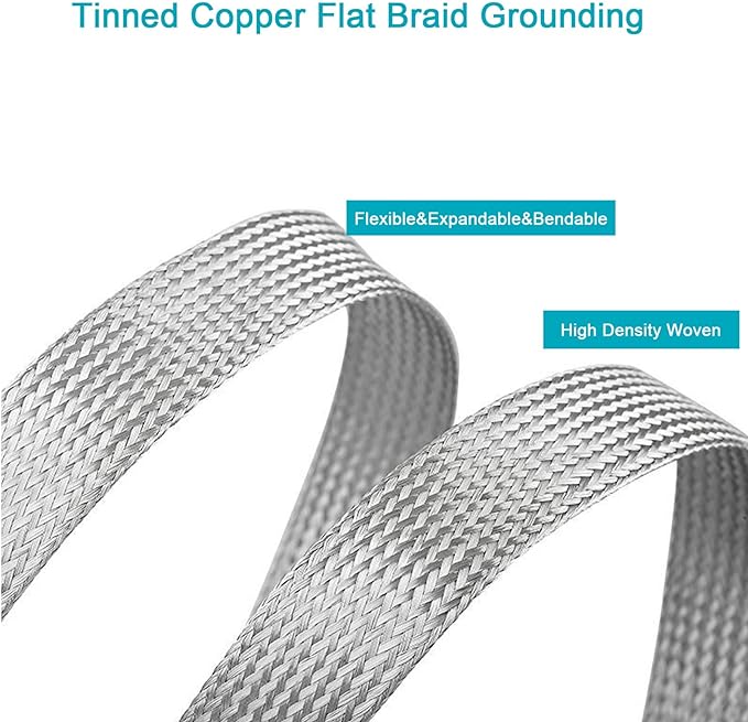 Tinned Copper Braided Cable Shielding Sleeve Metal Wire Loom Sheathing EMI RFI ESD Protector Grounding Mesh Flat Tubular Expandable 3/8" W(0.24" ID)-35FT