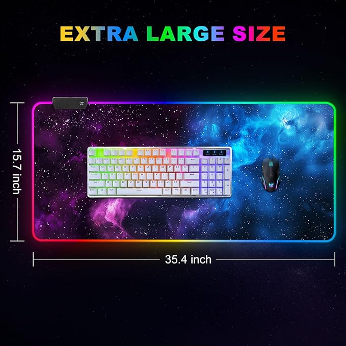 ARTSO RGB Mouse Pad Led,XXL Large Mouse Pad Purple Blue Starry Nebula, Big Mouse mat Computer Mousepad with 14 Light Modes, 35.4 x15.7 Inch Keyboard Mat