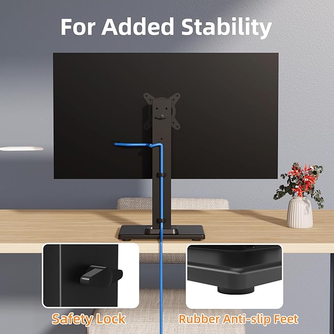 Suptek Single LCD Computer Monitor Free-Standing Desk Stand Mount Riser for 13 Inch to 43 Inch Screen with Swivel, Height Adjustable, Rotation, 50, 75, 100mm VESA Base Stand, Black
