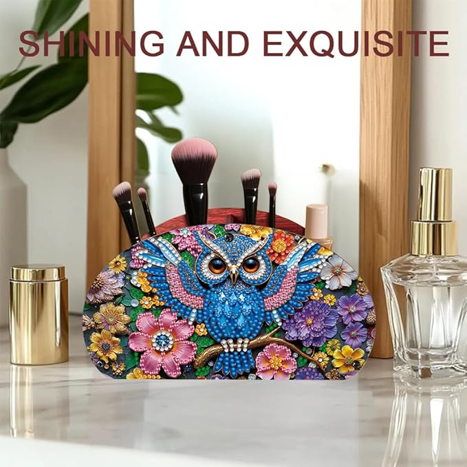 POETRYDRAW DIY Owl Diamond Art Painting Wooden Storage Box – Multi-Grid Moon Fan Makeup Brush Organizer, Double-Sided Drill Tabletop Holder for Women, Office & Home Decoration
