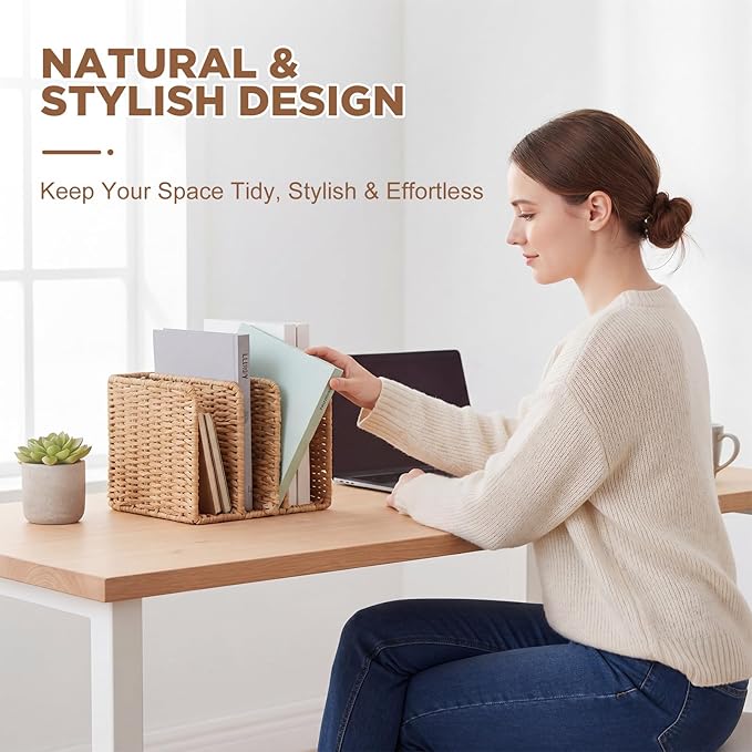 Novabright Woven File Magazine Holder Desk Organizer, 3-compartment Vertical Workspace Sorters for Magazines, Notebooks, Envelopes, Paper Rope Wicker Book & Binder Sorter for Home Office