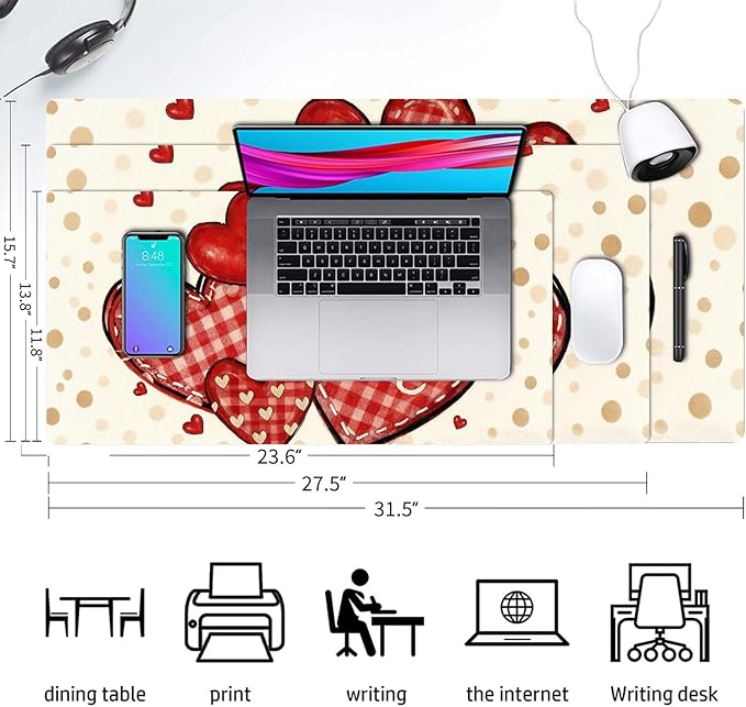 Valentine Desk Mat, Beige Checked Heart Large Mouse Pad for Desktop, PU Leather Waterproof Desk Pad, Computer PC Laptop Protector Gaming Mouse Pads Valentine's Day Gifts for Her Him (23.6" x 11.8")